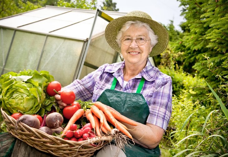 Kvinde med grøntsager fra have og drivhus